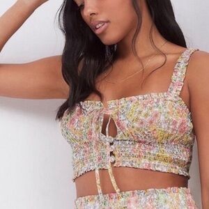NWT For Love & Lemons Floral Smocked Cropped Tank Top in Pastel Multicolor